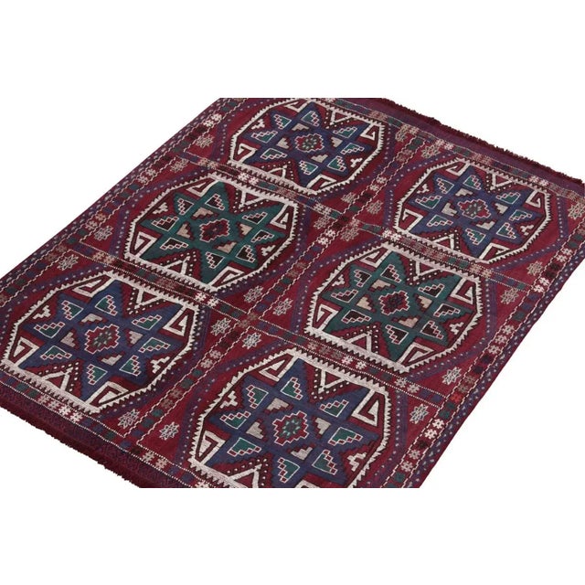 Traditional Handwoven Vintage Turkish Kilim Rug in Wine, Teal & White Geometric Pattern For Sale - Image 3 of 6