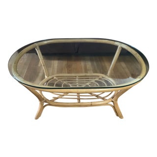 Vintage Mid Century Bamboo Rattan Oval Coffee Table For Sale