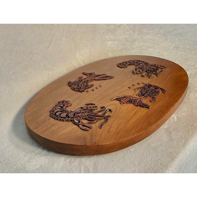 Mid-Century Modern Vintage Indonesian Copper Batik Tjap Stamp Walnut Wood Serving Tray Lobsters and Fishes For Sale - Image 3 of 12
