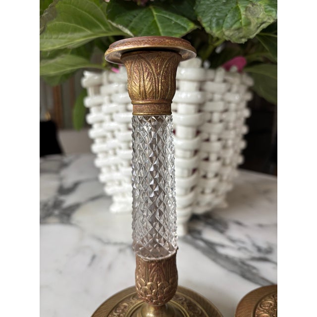Antique French Empire Revival Gilt Brass & Cut Glass Candlesticks - A Pair For Sale - Image 4 of 13