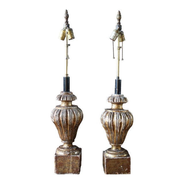 Italian Pair of Carved Wood Gilt Table Lamps With Fluted Urn Bases For Sale
