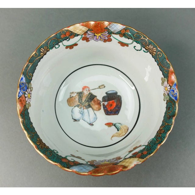 Japanese Antique 1900s Japanese Kutani Polychrome Porcelain Stem Cup Bowl For Sale - Image 3 of 10