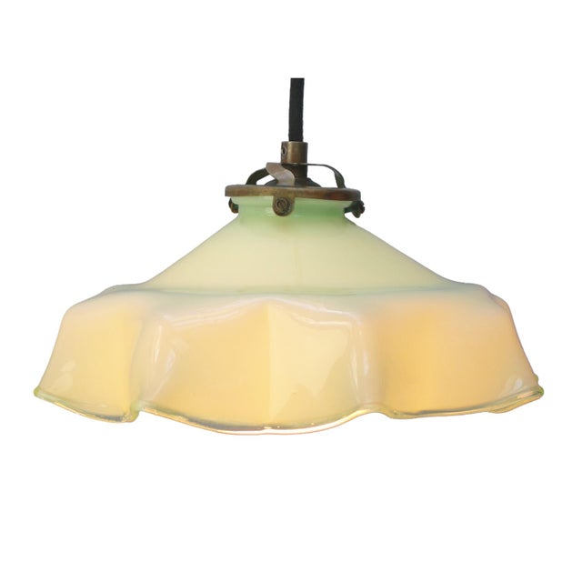 Mid-Century Modern French Green Opaline Glass and Brass Pendant Lamp For Sale - Image 3 of 7