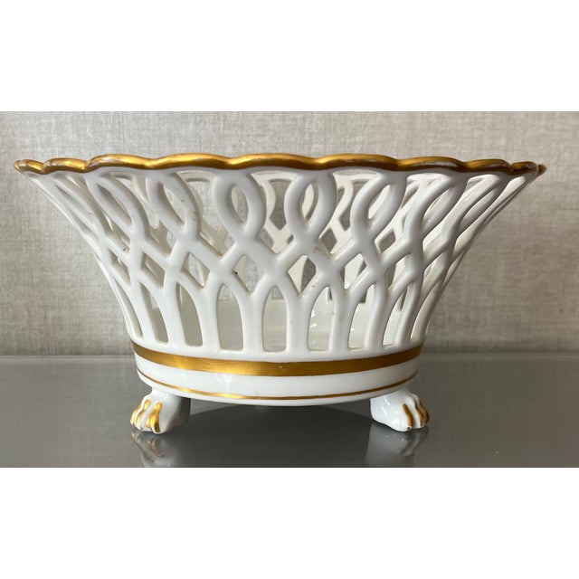 Antique 19th century French Empire Paris porcelain basket or corbeille. Bright white porcelain with gold bands and...