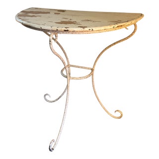 Vintage Wrought Iron Demi-Lune Console Table with Painted Pine Top, 1950s For Sale
