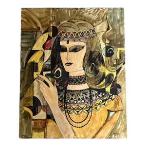 1970’s Vintage Deco Style Female Portrait Painting/Ink Drawing on Sheet Metal