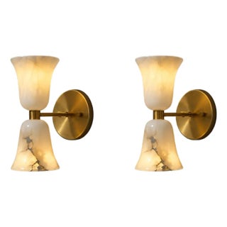 Contemporary Brass & Natural Alabaster Double Wall Sconces, Bathroom Vanity & Bedroom Lighting - Set of 2 For Sale