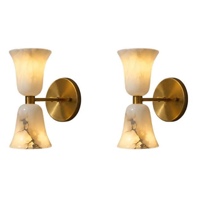 Contemporary Brass & Natural Alabaster Double Wall Sconces, Bathroom Vanity & Bedroom Lighting - Set of 2 For Sale