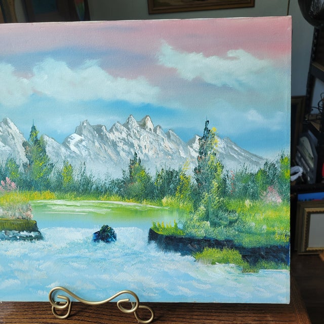 This S. LeRoy original oil on canvas river landscape painting is a signed, unframed piece of outsider art. Measuring 24...