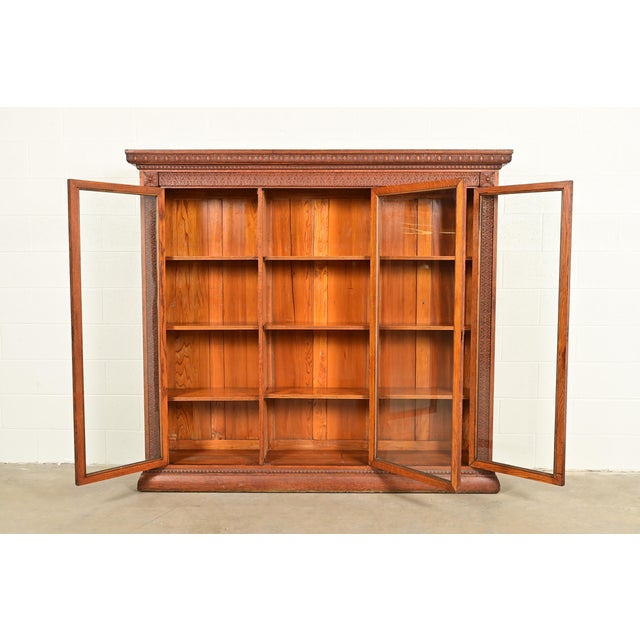 Late 19th Century R. J. Horner Style Antique Victorian Carved Oak Triple Bookcase Cabinet, Circa 1880s For Sale - Image 5 of 13