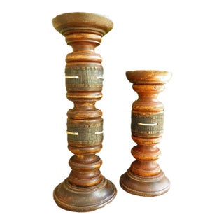 VTG Wooden Pillar Candle Holders Dark Brown Turned Wood Spindle Set of 2 For Sale