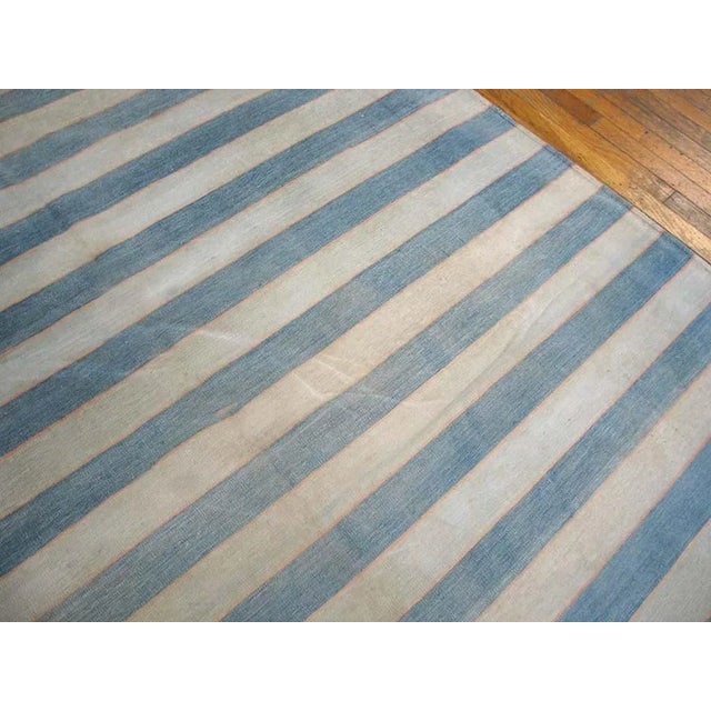 1930s 1930s Blue White Stripe Antique Indian Cotton Dhurrie Carpet 12' X 18' 6" Flatweave Wool Rug For Sale - Image 5 of 9