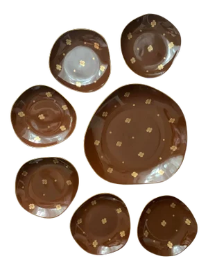 Mid-Century Chocolate Brown & 22k Gold Floral Dessert Plate Set With Freeform Cake Platter — Serving for Six, Set of 7 Pieces