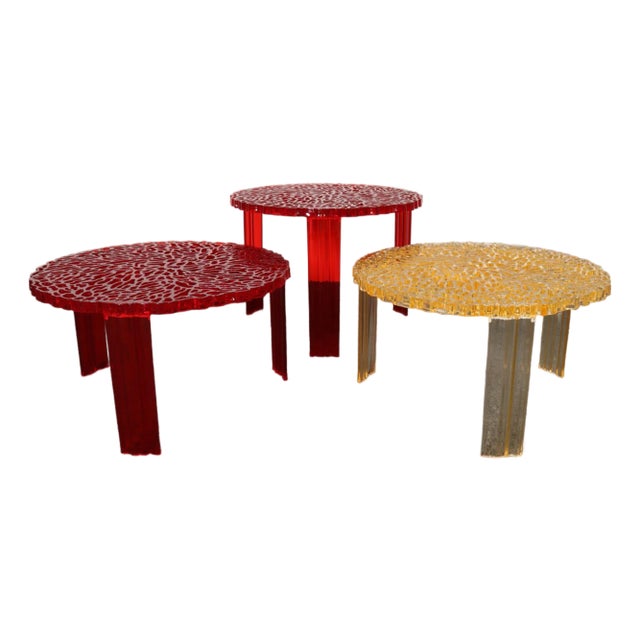 Set of Three Red and Gold Acrylic "T" Tables by Patricia Urquiola for Kartell For Sale