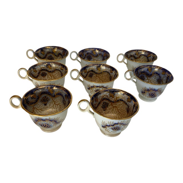 Antique Minton Porcelain Tea Cups Pattern 832 Gold Seaweed Filigree Circa 1813 No Saucers - Set of 8 For Sale