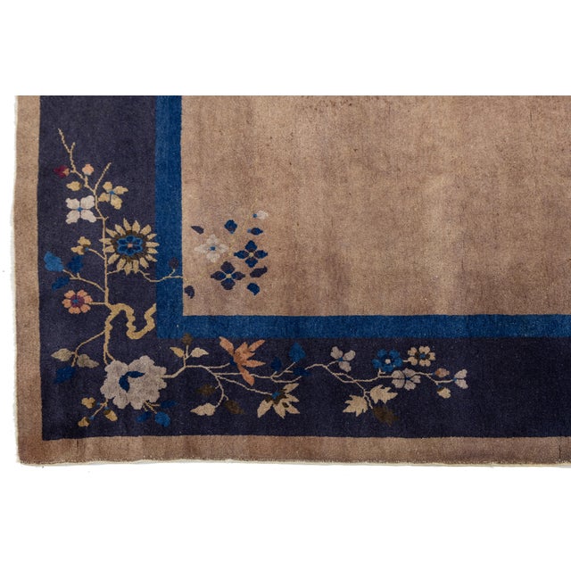 Antique Chinese Art Deco Rug Navy & Taupe Floral Wool 8x10 For Sale - Image 10 of 10