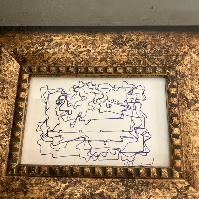 Original 4 x 6 blue ink drawing on paper Signed bottom right Overall size with tabletop frame is 8.25 x 10.25