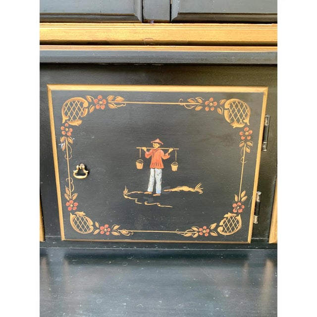 Late 20th Century Chinoiserie Black Lacquered Drop Front Secretary Desk With Bookcase Hutch For Sale - Image 9 of 11