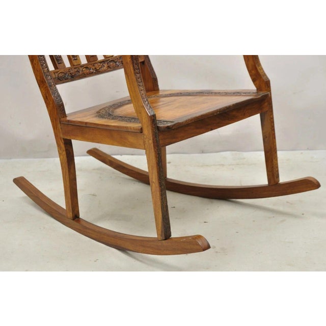 Vintage Anglo Indian Carved Teak Wood Rocking Chair Rocker For Sale - Image 9 of 12