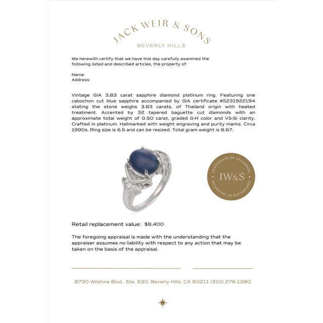 Blue Vintage Gia 3.83 Carat Sapphire Diamond Platinum Ring, Size 6.5 For Sale - Image 8 of 8