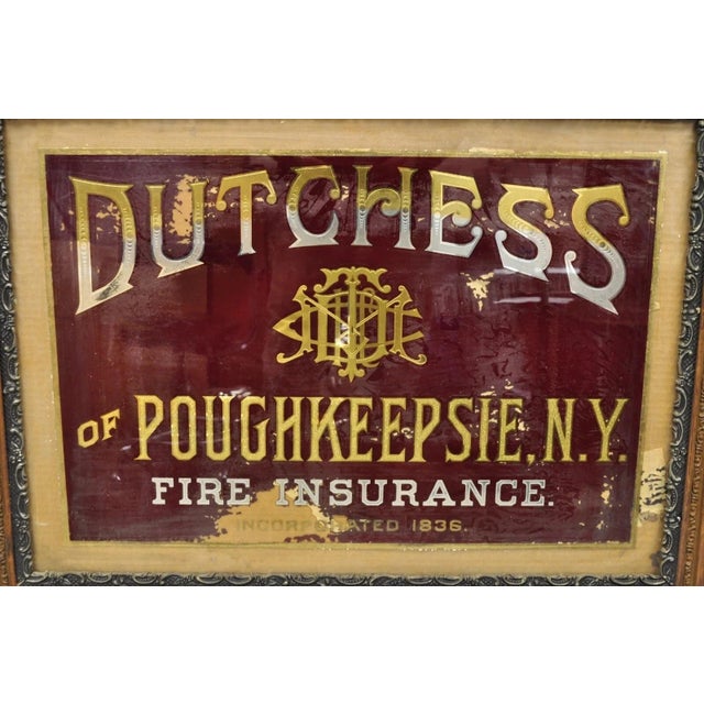 Victorian Antique Dutchess of Poughkeepsie Ny Fire Insurance Reverse Painted Glass Sign For Sale - Image 3 of 10