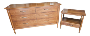 1958 Drexel Mid Century Modern Dresser and Nightstand Tapered Legs Brass Handles