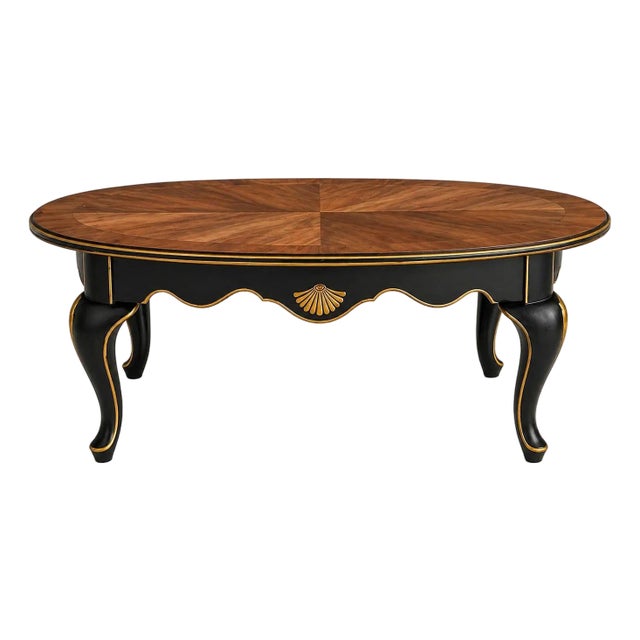 Vintage Oval Coffee Table – Bookmatched Veneer Top in Satin Walnut With Black & Gold Gilded Base – 48" W For Sale