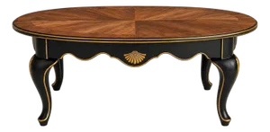 Vintage Oval Coffee Table – Bookmatched Veneer Top in Satin Walnut With Black & Gold Gilded Base – 48" W