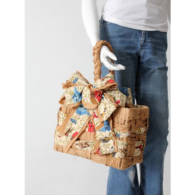 Paper Vintage Woven Paper Basket With Bird Print Fabric For Sale - Image 7 of 11