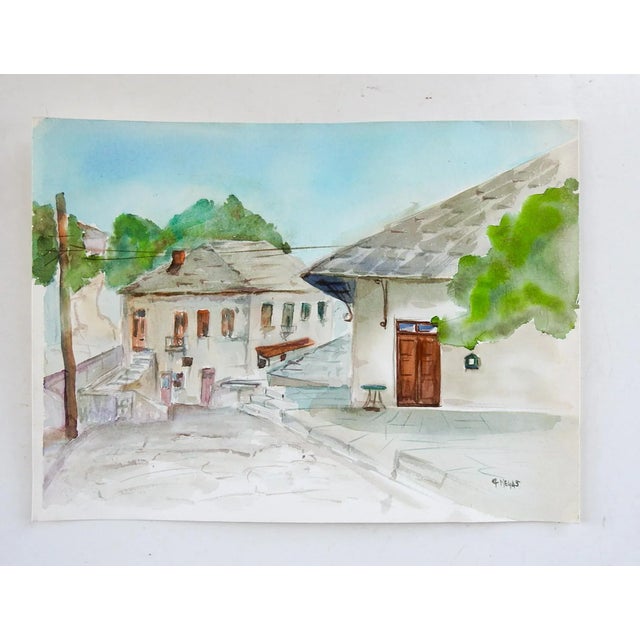 Rustic European Mediterranean Village Street Scene Watercolor Painting For Sale - Image 3 of 4
