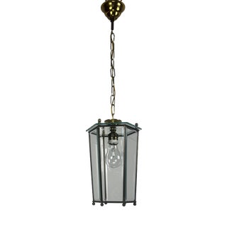 Mid-Century Brass and Beveled Glass Lantern Pendant Light in the style of Adolf Loos, Italy, 1970s For Sale