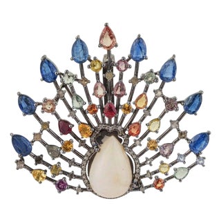 Celestial Fan Brooch Pendant With Opal, Sapphires & Diamonds For Sale