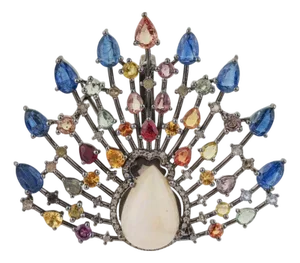 Celestial Fan Brooch Pendant With Opal, Sapphires & Diamonds