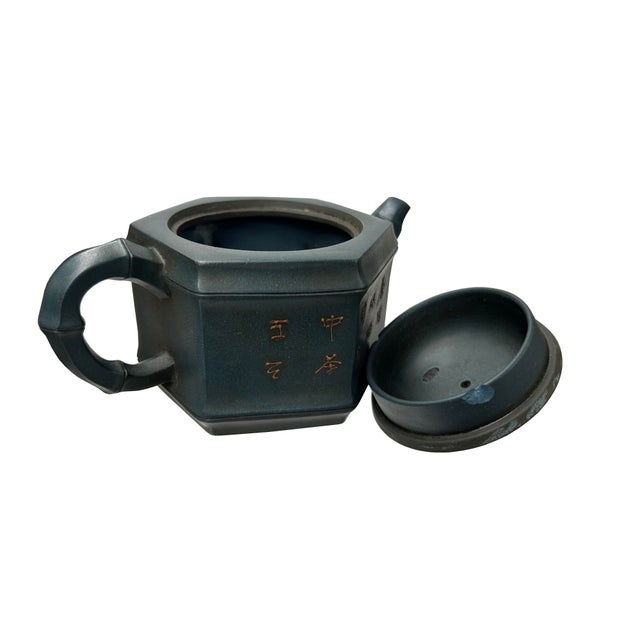 Gray Vintage Chinese Gray Blue Hexagonal Bamboo Theme Zisha Clay Teapot Art Display For Sale - Image 8 of 9