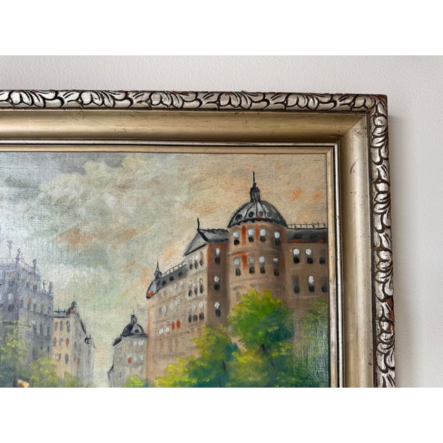 Wood 1950s Vintage Parisian Street Landscape Oil on Canvas Painting, Unsigned For Sale - Image 7 of 10