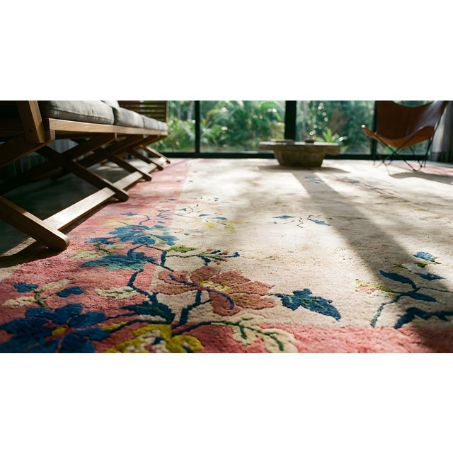 1920s Tan Ecru Flowers Spray Modern Antique Chinese Art Deco Carpet 8' 11'' X 11' 7" Woven Wool Rug For Sale - Image 12 of 12