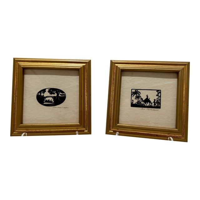 Pair of Early 20th-Century German Silhouette Cut-Paper Artworks — “Abendsplinden” & “Die Karawane”, Signed For Sale