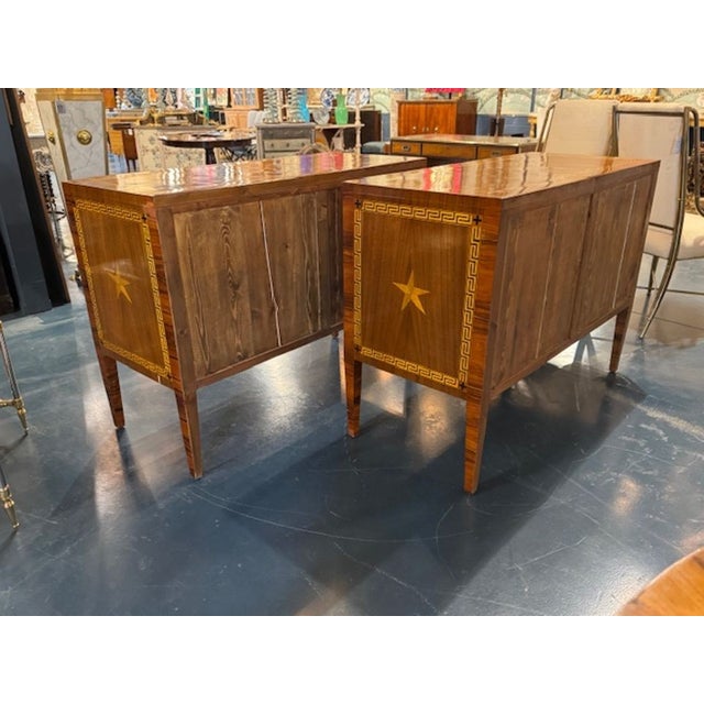 Transitional Pair of Italian Walnut Commodes With Inlaid Greek Key Pattern For Sale - Image 3 of 6