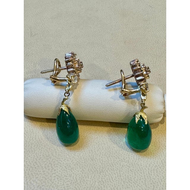 GIA Certified 28 Ct Emerald Cabochon & Diamond Drops Hanging Earrings 14 KYG For Sale In New York - Image 6 of 18