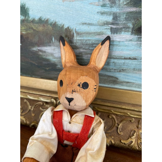 Brown Vintage Hand-Carved Wooden Rabbit Doll With Articulated Limbs and Handmade Clothing. For Sale - Image 8 of 10