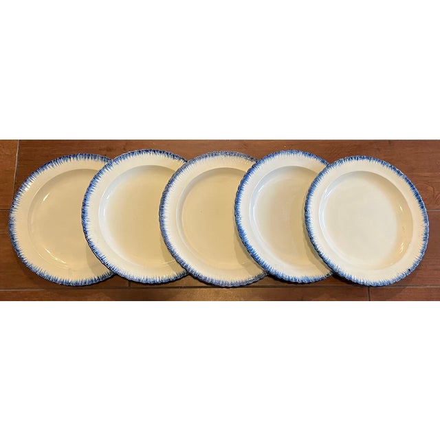 Antique Early 19th Century English Georgian Pearlware Creamware Blue Feather or Shell Edge Dinner Plates - Set of 5 For Sale - Image 9 of 16
