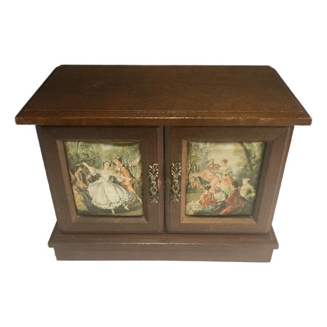 Vintage Wooden Jewelry Music Box With Romantic Scene Panels For Sale