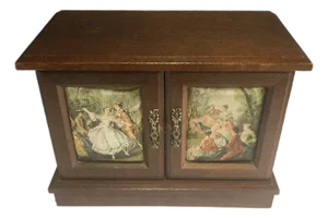 Vintage Wooden Jewelry Music Box With Romantic Scene Panels