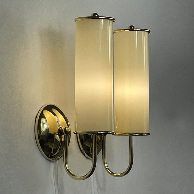 Art Deco Tubular Opaline Glass & Brass Sconces, Germany, 1930s, Set of 2 For Sale - Image 12 of 15