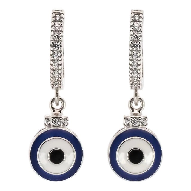 Blue Enamel Sterling Silver Diamond Hoop Evil Eye Earrings, A Pair For Sale