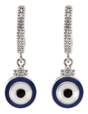 Blue Enamel Sterling Silver Diamond Hoop Evil Eye Earrings, A Pair