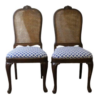 Pair of Vintage French Provincial Cane Back Dining Chairs With Blue Upholstered Seats For Sale