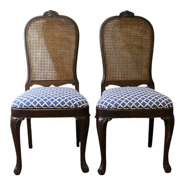 Pair of Vintage French Provincial Cane Back Dining Chairs With Blue Upholstered Seats For Sale
