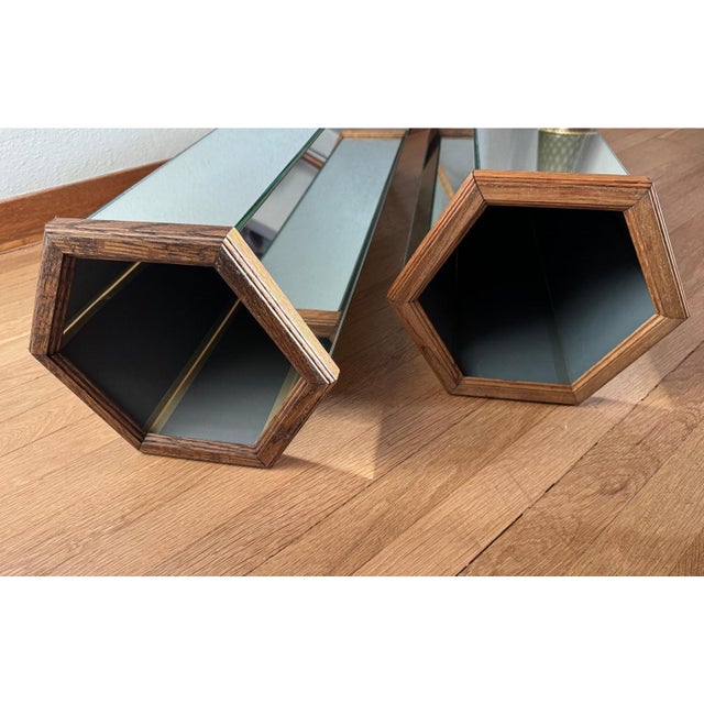 1970s 1970's Pair of Tall Mirrored Pedestals With Octagonal Oak Wood Tops For Sale - Image 5 of 8