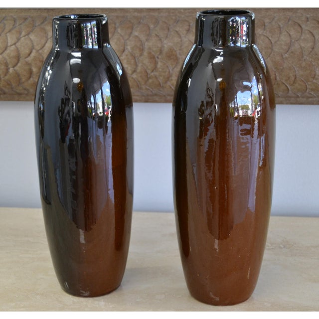 Ceramic Pair of 1920s Tall Hand Painted Brown Glazed Ceramic Flower Vases For Sale - Image 7 of 12